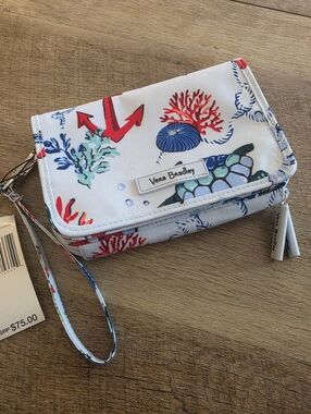 Vera Bradley Nautical Coral Wristlet Wallet in Light Blue with Red Accents